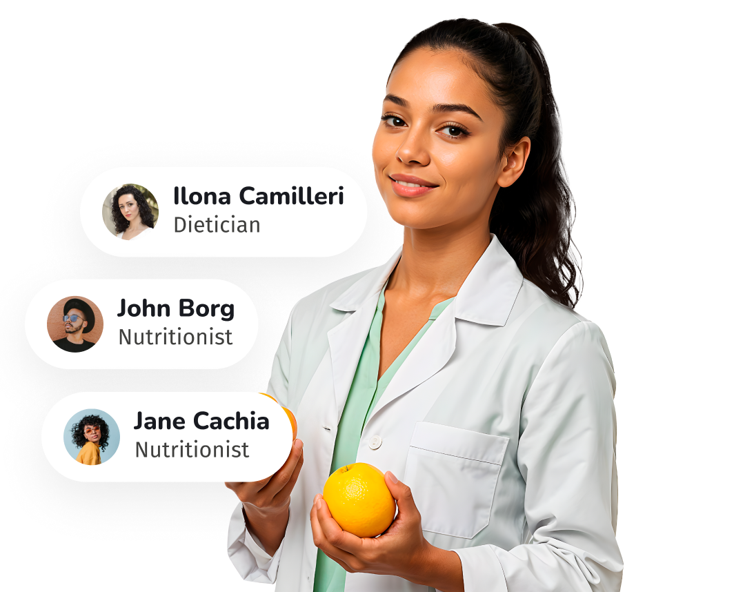 Dietitian holding an orange, with Mamori's dietitians and nutritionists