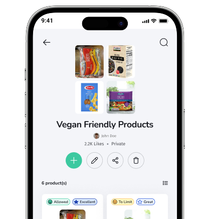 Vegan friendly products list in the Mamori app
