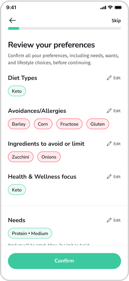 Choosing nutrition preferences in the Mamori app