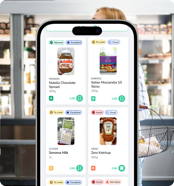 Product results rated Allowed, To Limit or Avoid in the Mamori app